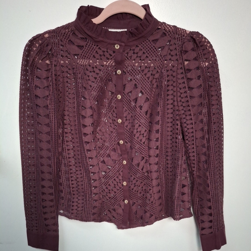 Anthropologie burgundy blouse sheer geometric cut outs nwot size 4 cotton blend